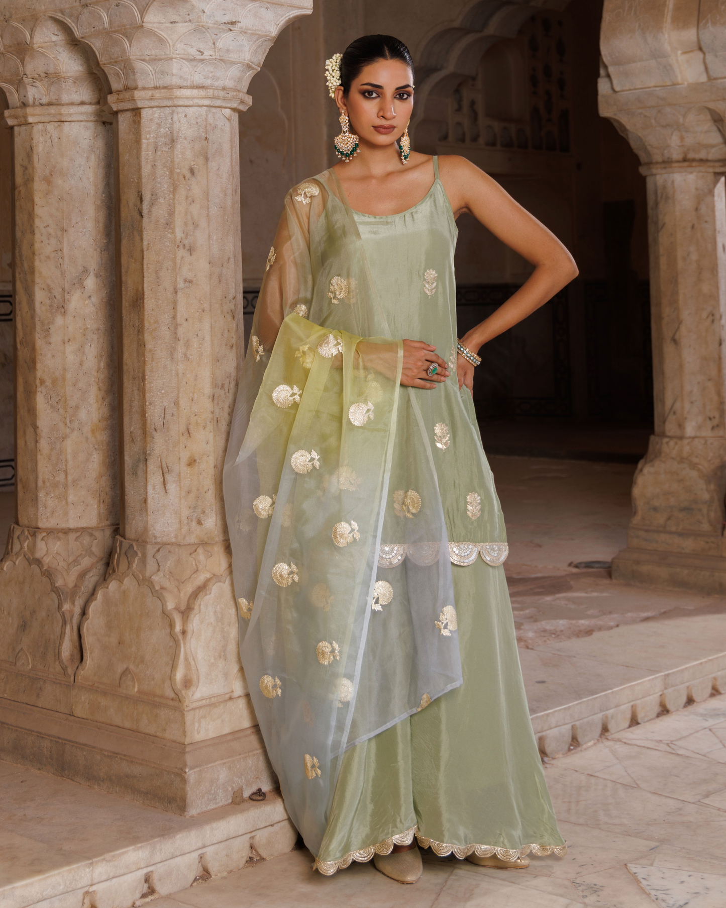 Pastel green silk, embroidered sharara set with seekhiya gota dupatta