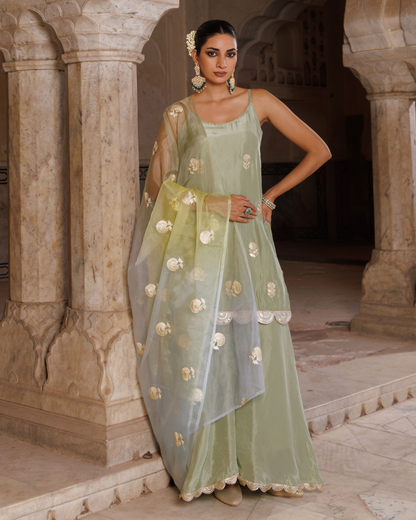 Pastel green silk, embroidered sharara set with seekhiya gota dupatta