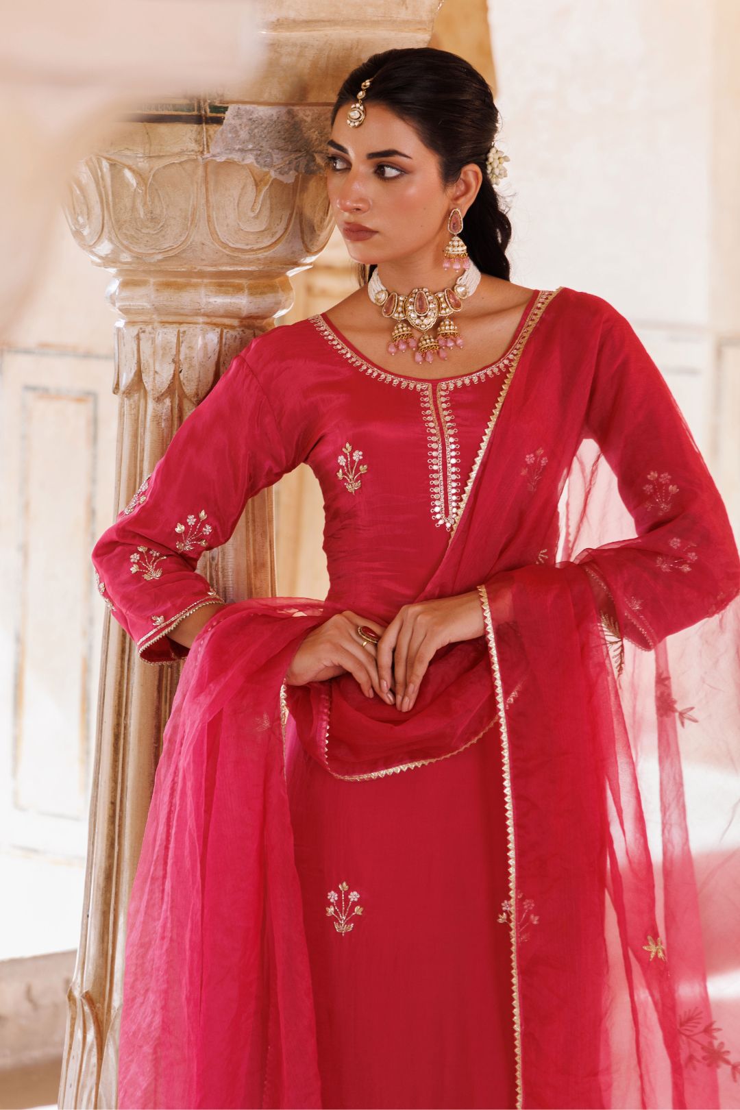 Deep pink silk, hand embroidered Kurta Set
