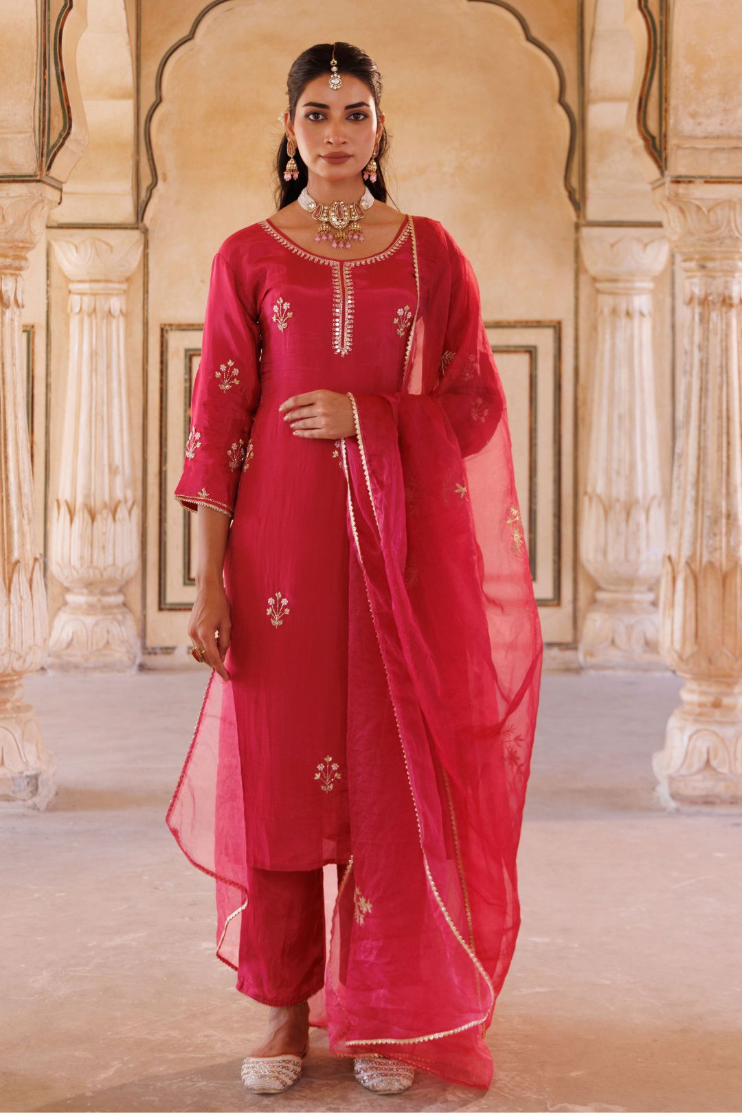 Deep pink silk, hand embroidered Kurta Set