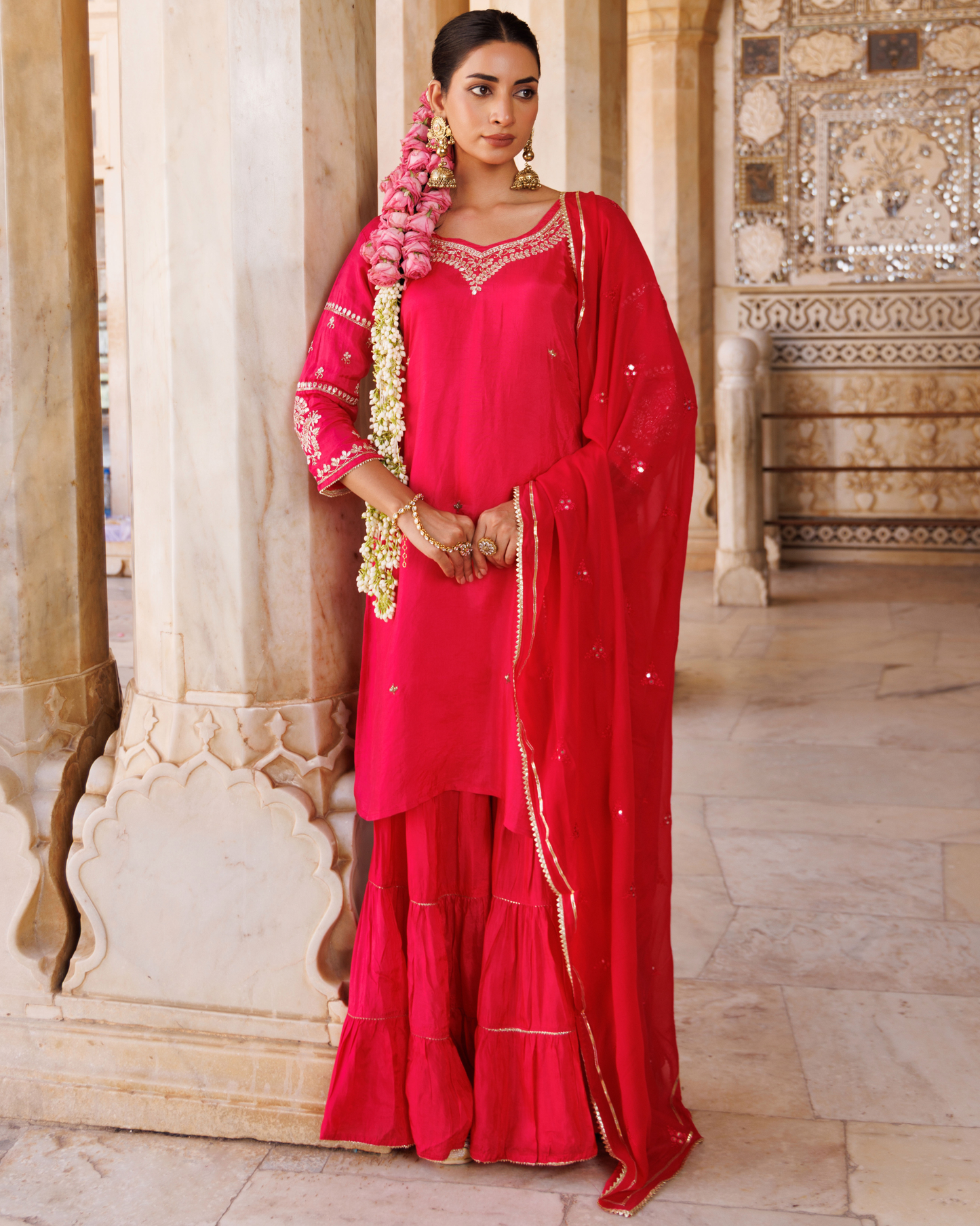 Magenta Silk, hand-embroidered sharara set