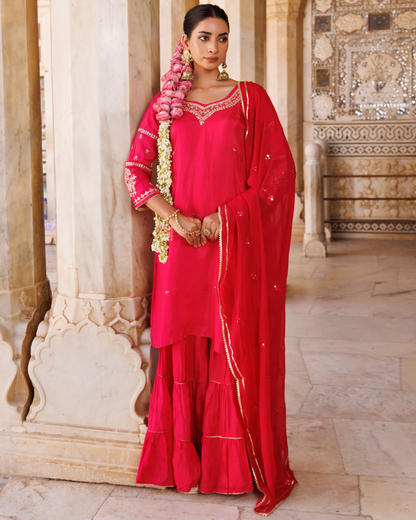 Magenta Silk, hand-embroidered sharara set