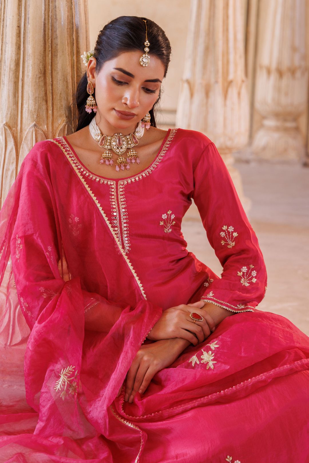 Deep pink silk, hand embroidered Kurta Set