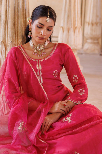 Deep pink silk, hand embroidered Kurta Set