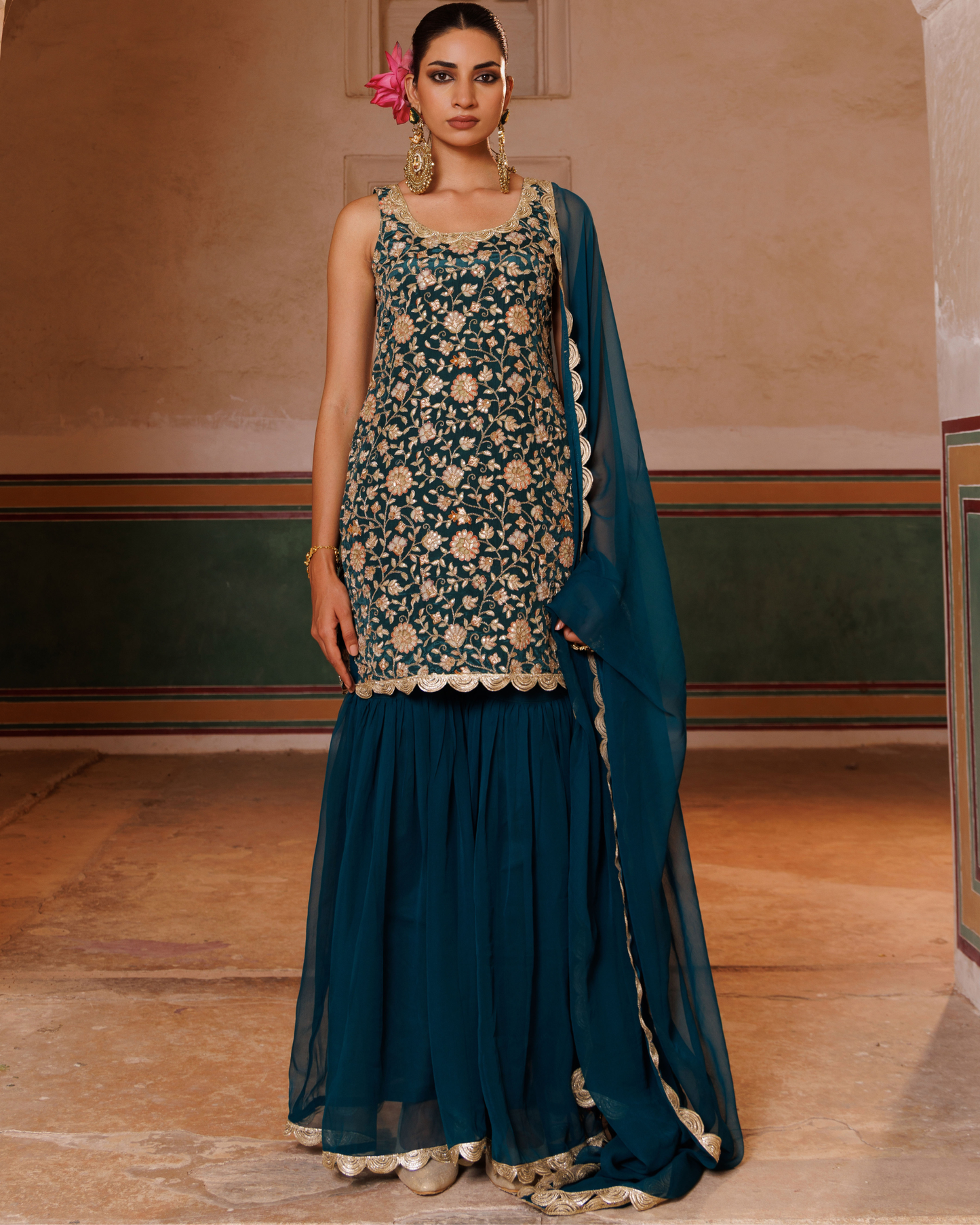 Green crepe, embroidered sharara set