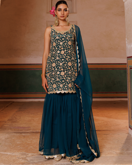 Green crepe, embroidered sharara set