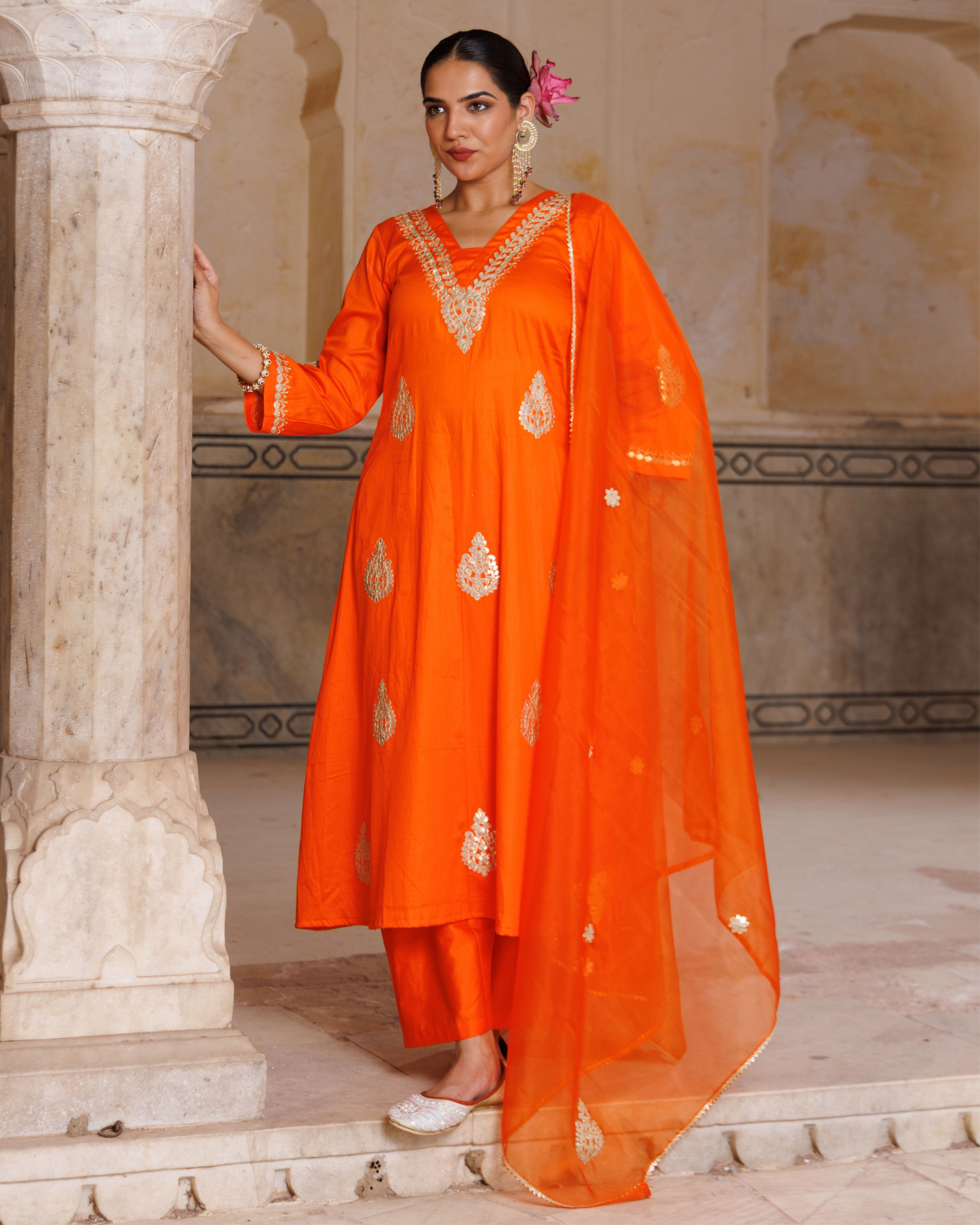 Orange cotton silk, gota patti work kurta set
