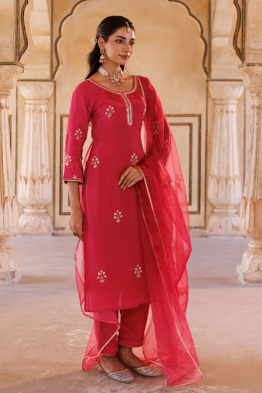 Deep pink silk, hand embroidered Kurta Set