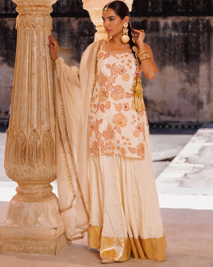 Ivory, printed crepe embroidered skirt set