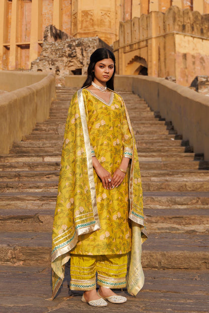Olive Yellow Chanderi Kurta Set