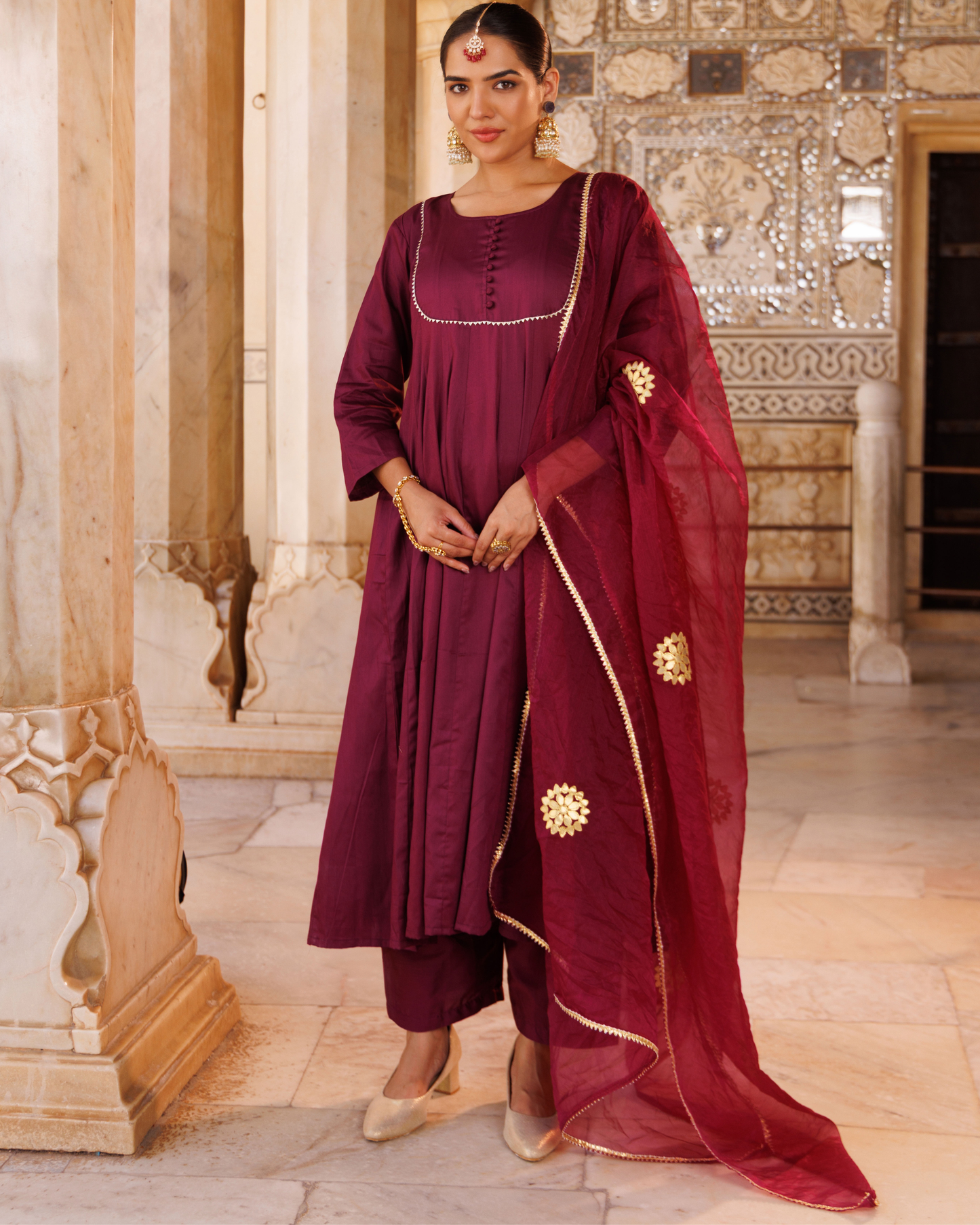 Purple cotton silk, gota patti work anarkali Set