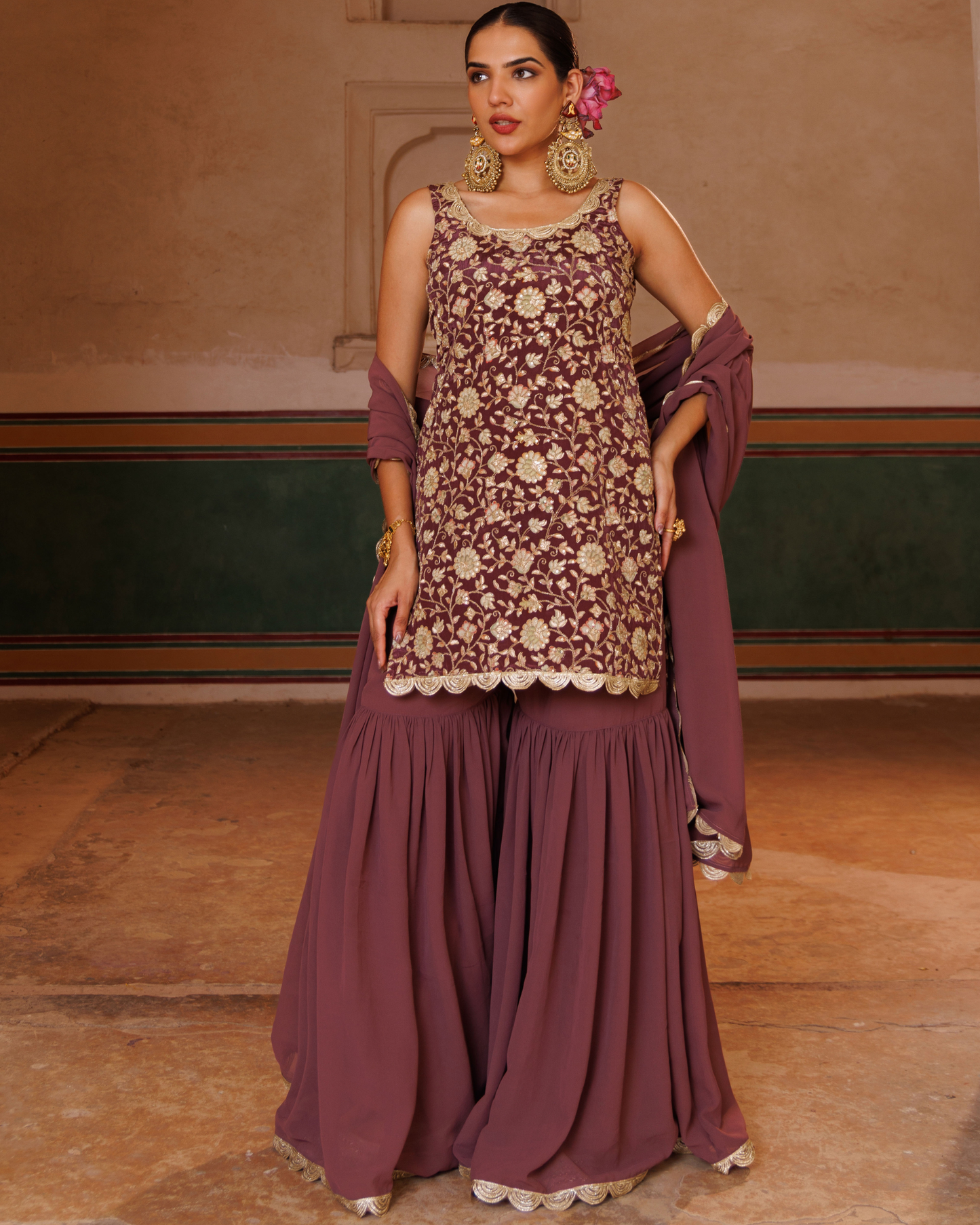 Mauve crepe, embroidered sharara set