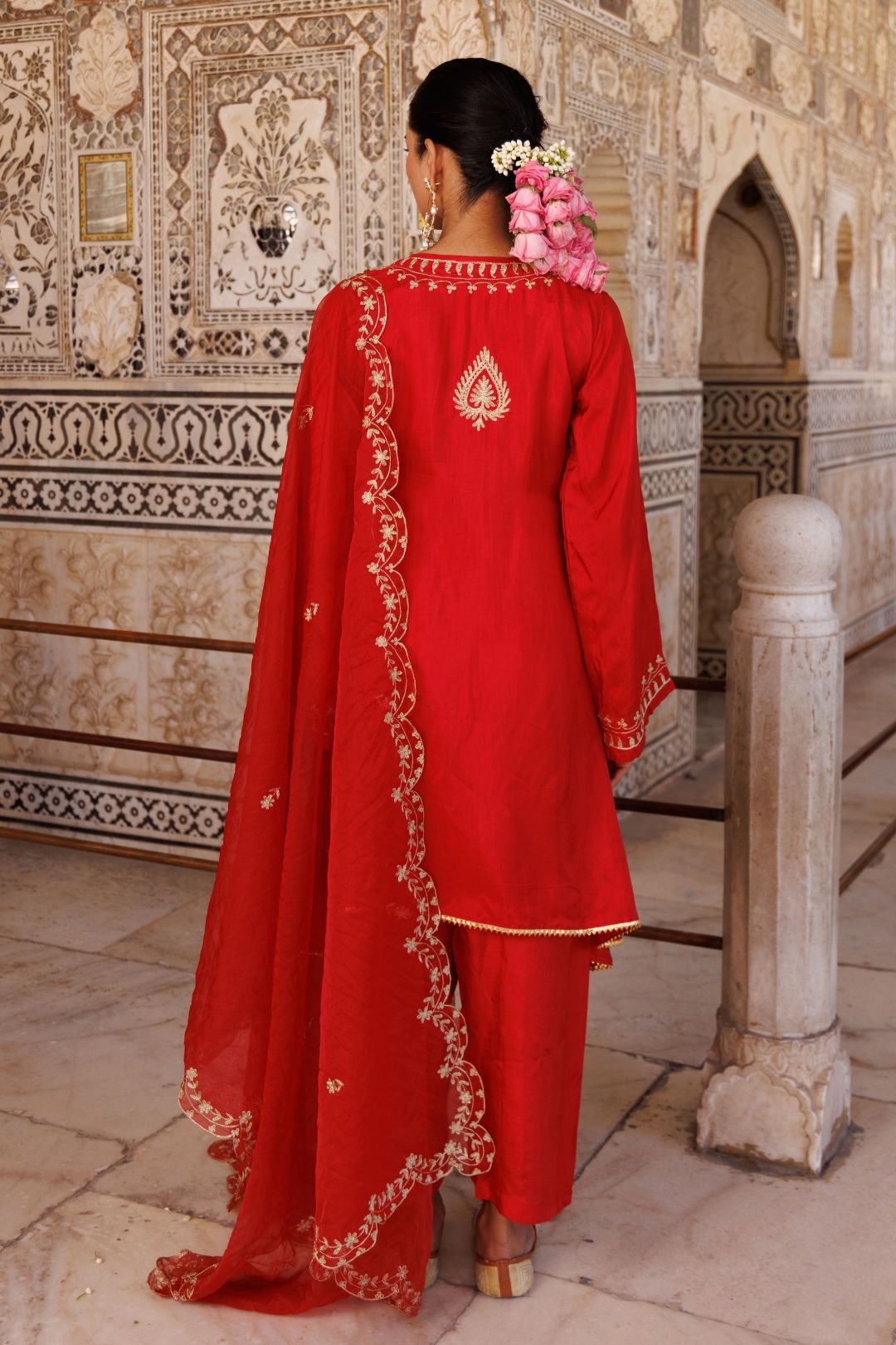 Red silk, hand embroidered kurta Set