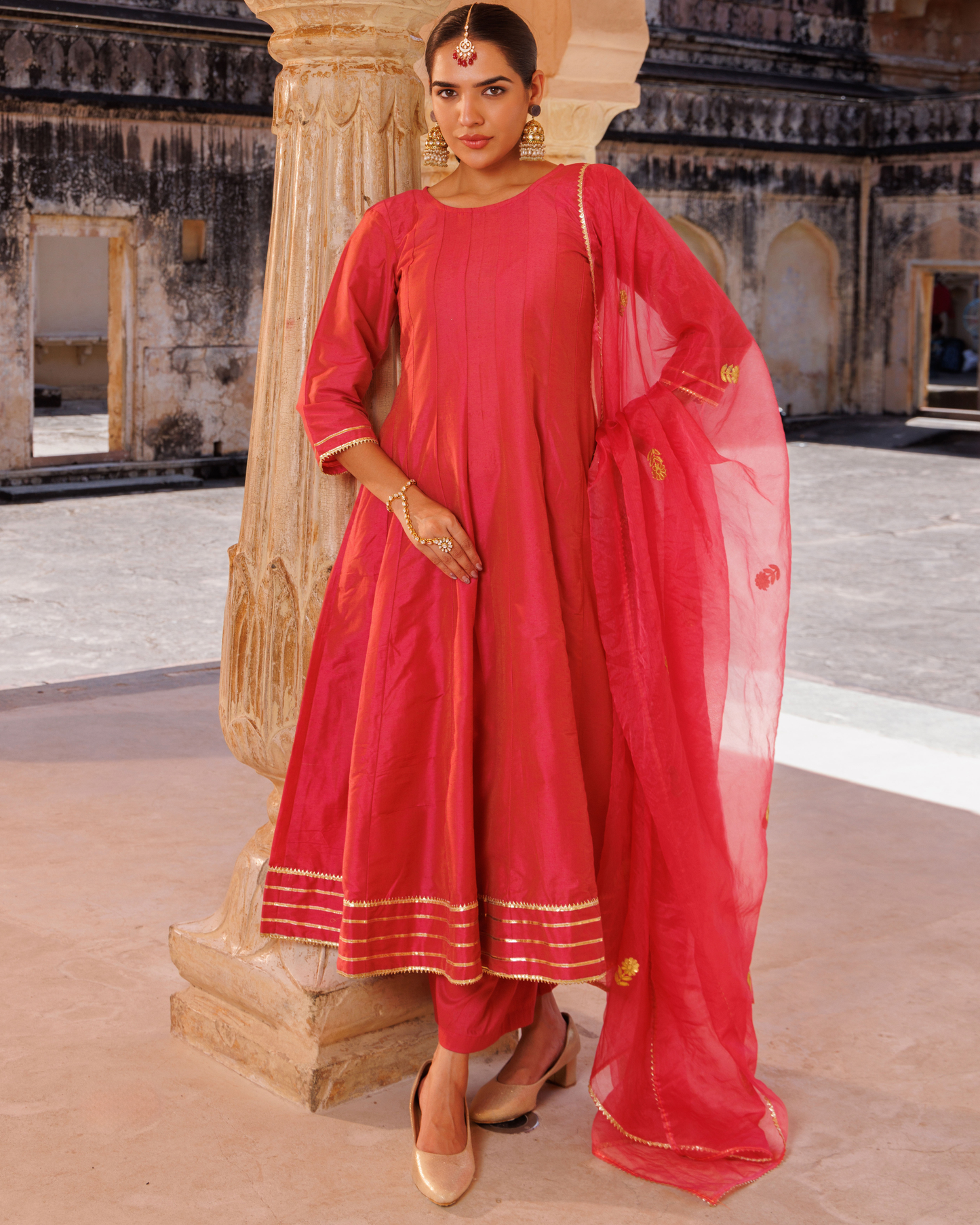 Pink raw silk, gota patti work anarkali set