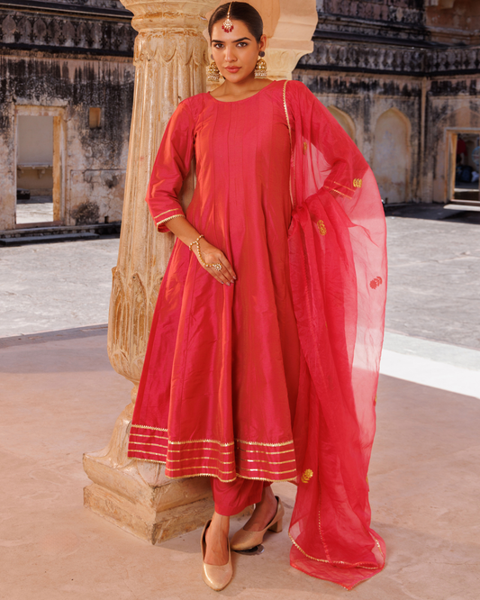 Pink raw silk, gota patti work anarkali set