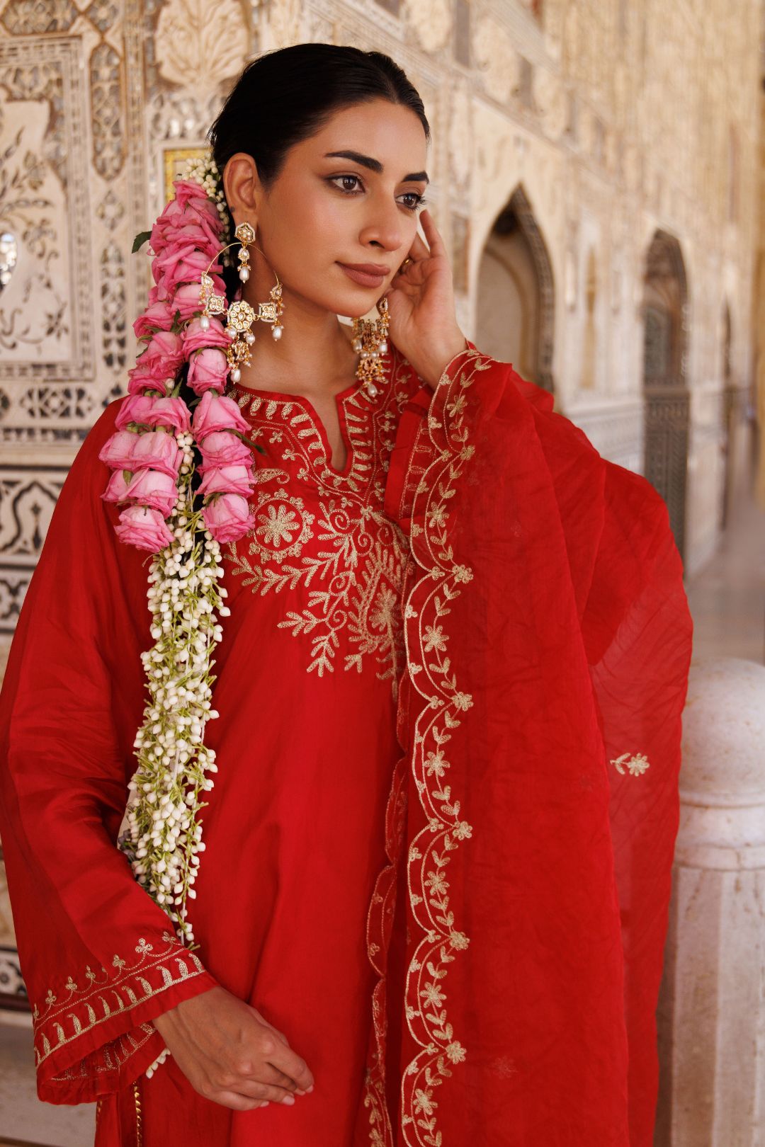 Red silk, hand embroidered kurta Set