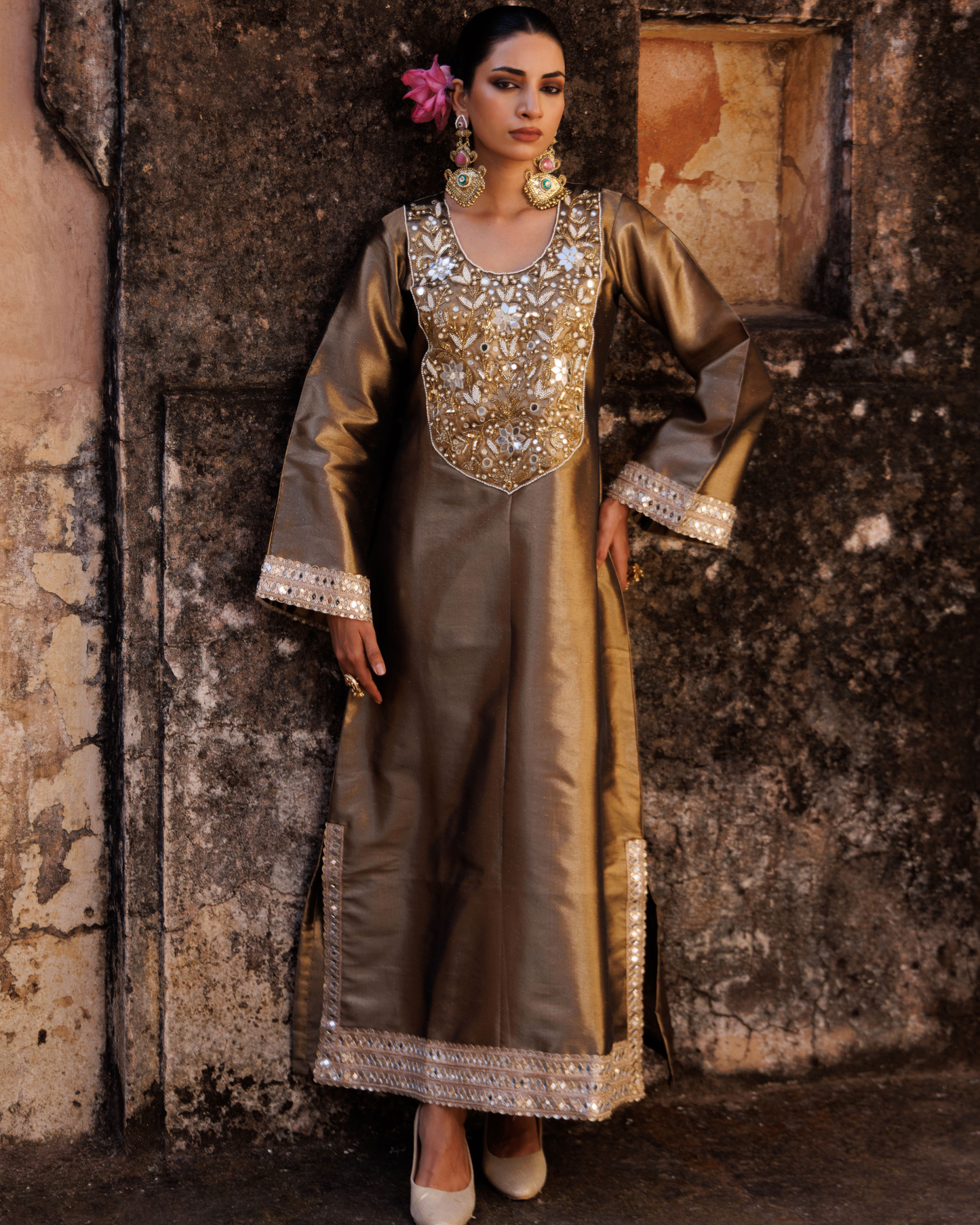 Brown metallic, Hand embroidered tissue kaftan