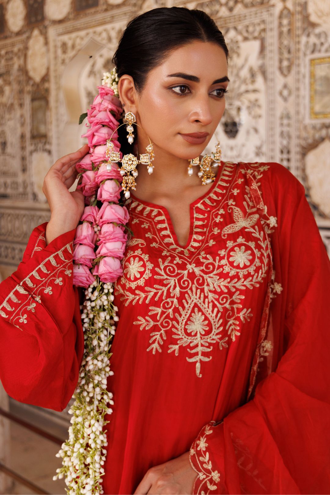 Red silk, hand embroidered kurta Set