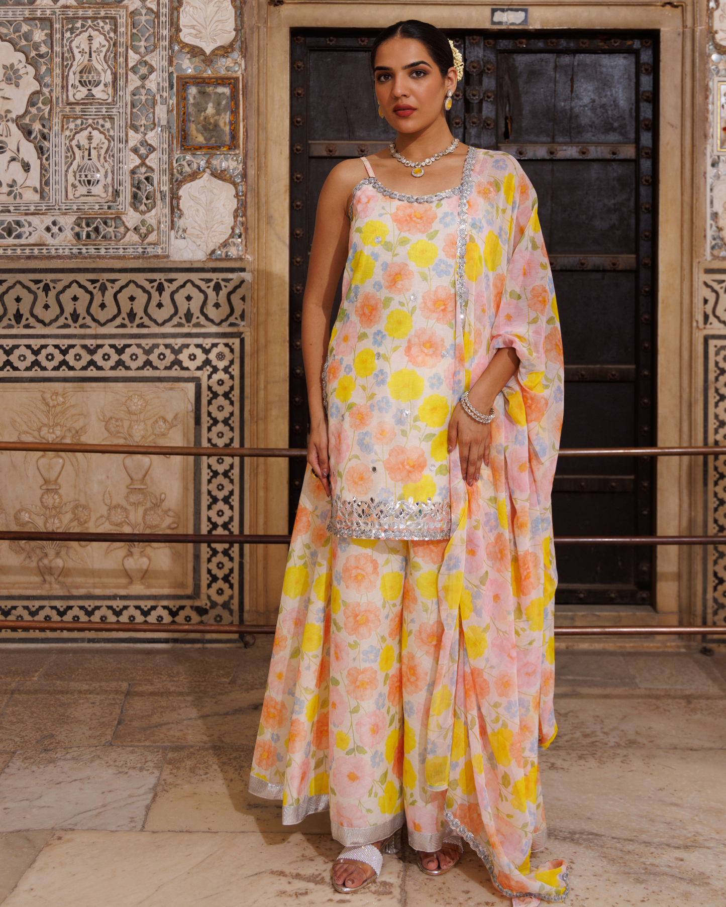 Ivory and yellow floral printed, gota patti work sharara set