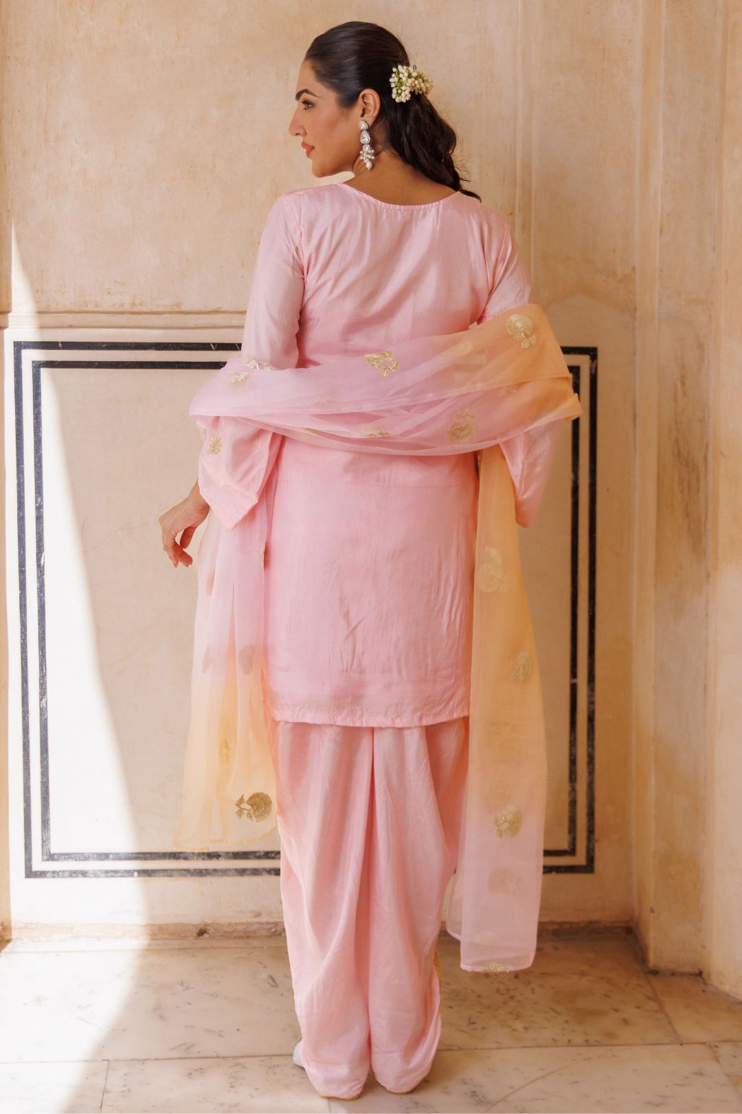 Light pink silk, gota patti work dhoti Set