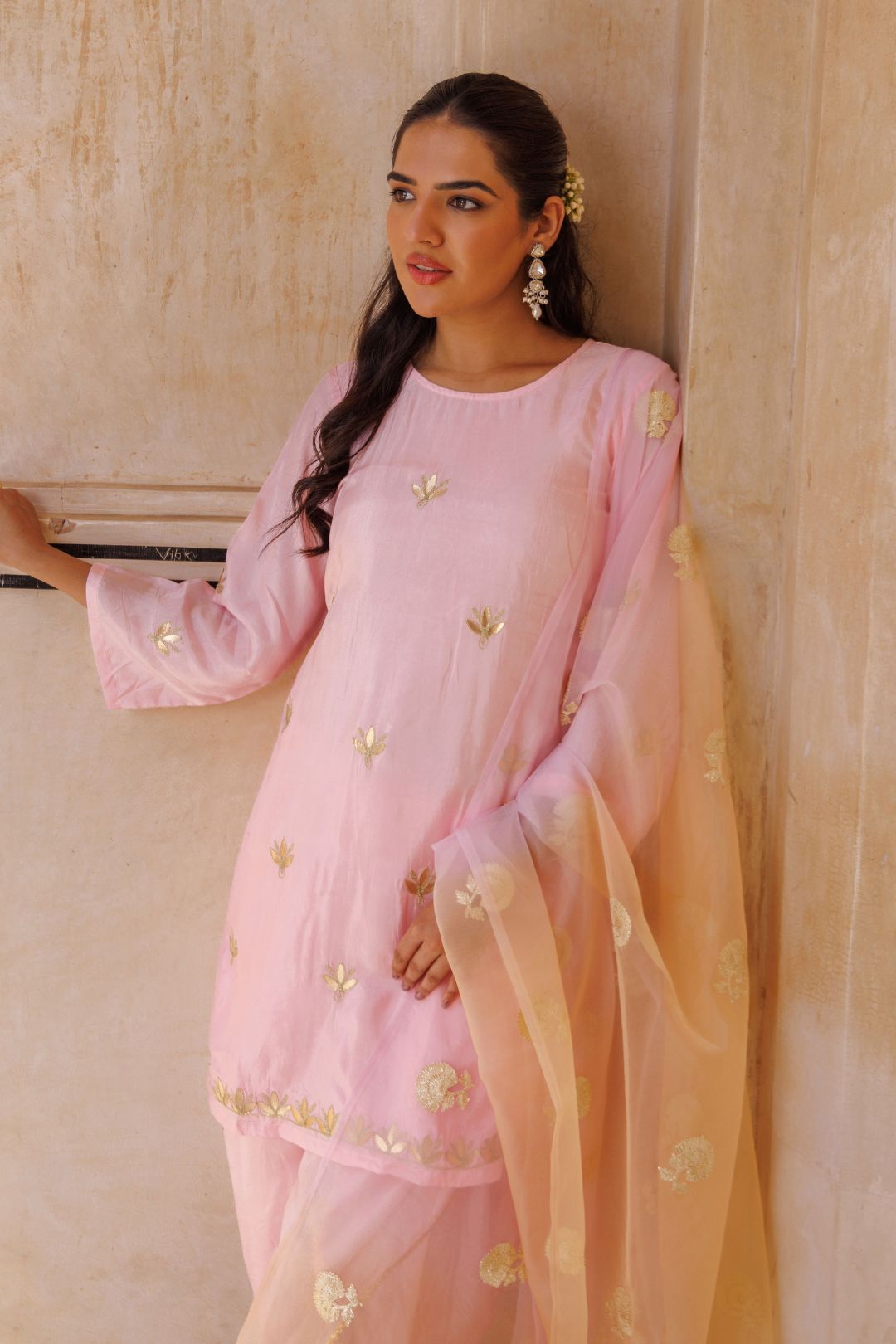 Light pink silk, gota patti work dhoti Set