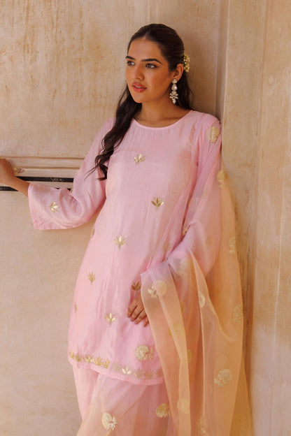 Light pink silk, gota patti work dhoti Set