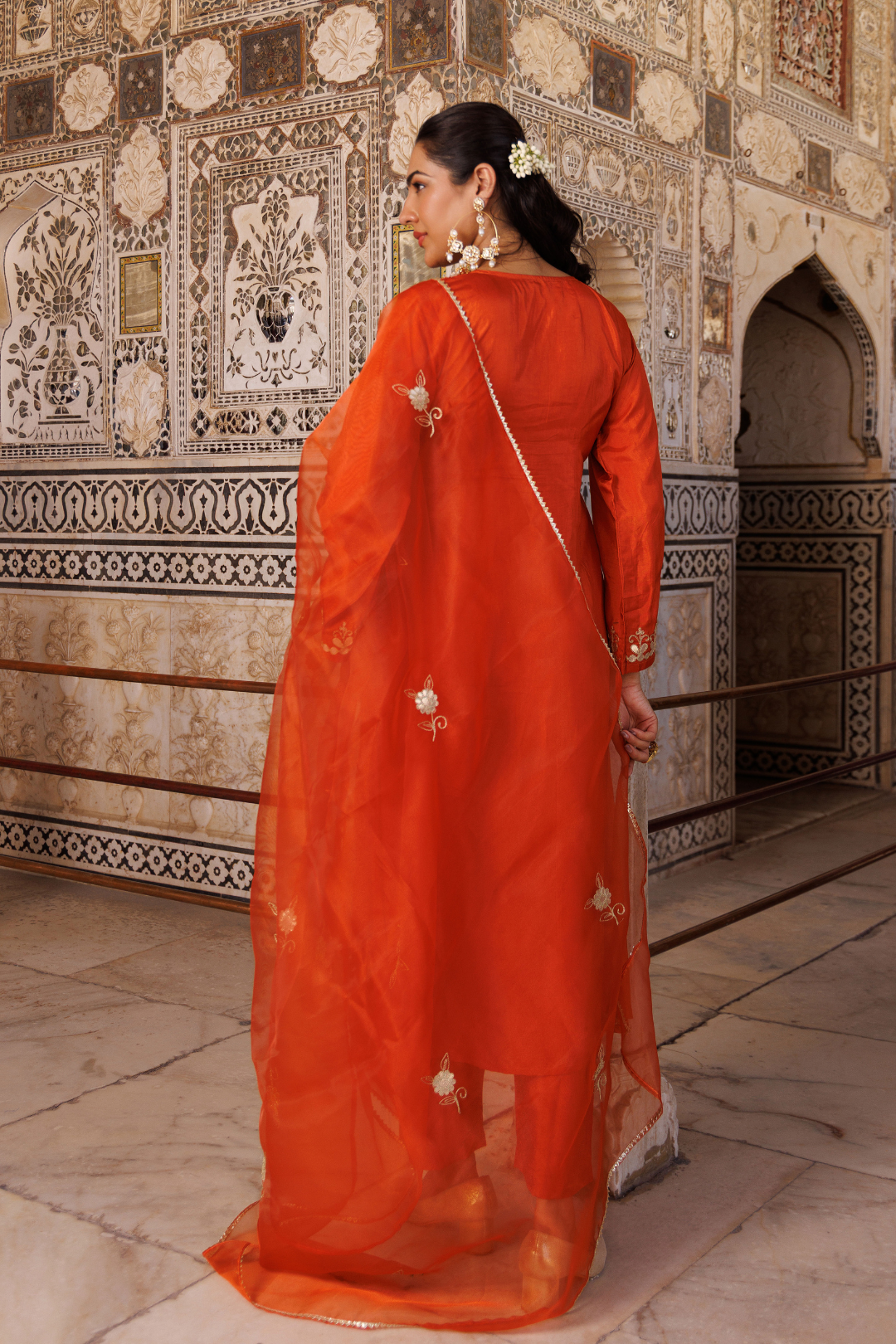 Rust-orange silk, gota patti work kurta set