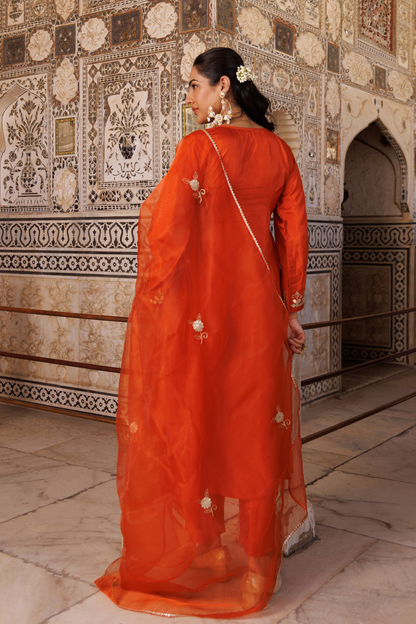 Rust-orange silk, gota patti work kurta set