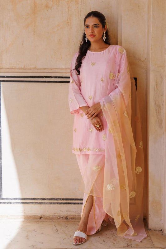Light pink silk, gota patti work dhoti Set