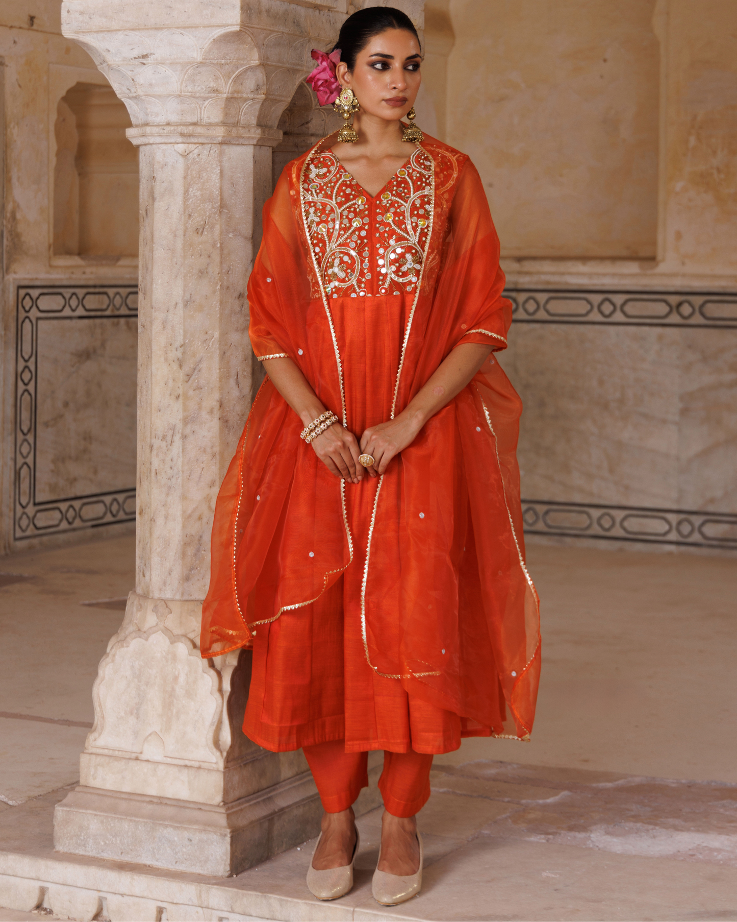 Orange Silk, hand embroidered anarkali set