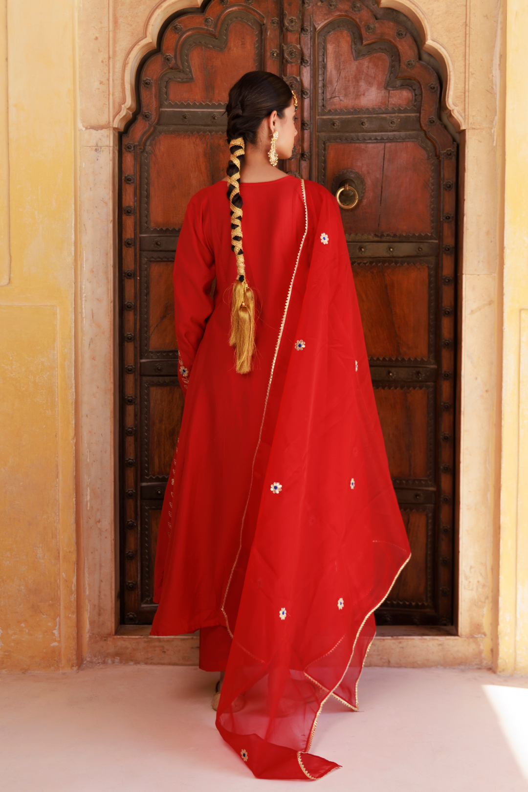 Red Chanderi Aari Embroidered Anarkali Set