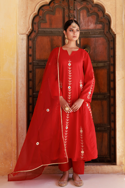 Red Chanderi Aari Embroidered Anarkali Set