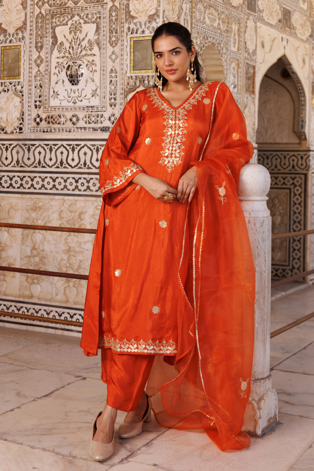 Rust-orange silk, gota patti work kurta set