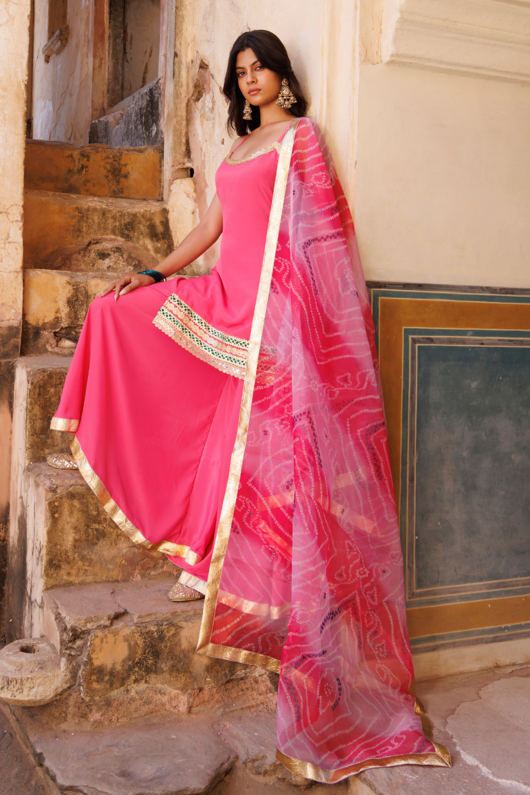 Pink Crepe Strappy Sharara Set