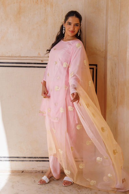 Light pink silk, gota patti work dhoti Set