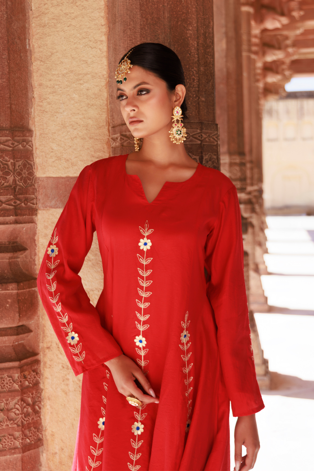 Red Chanderi Aari Embroidered Anarkali Set