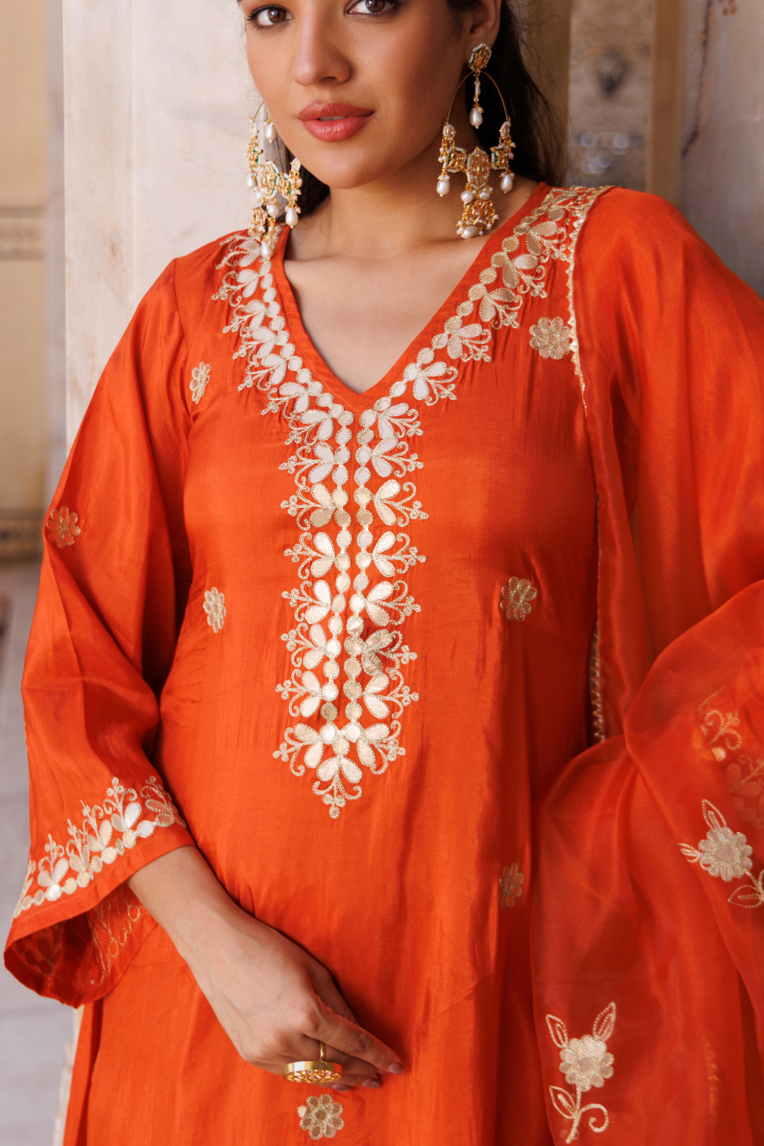 Rust-orange silk, gota patti work kurta set
