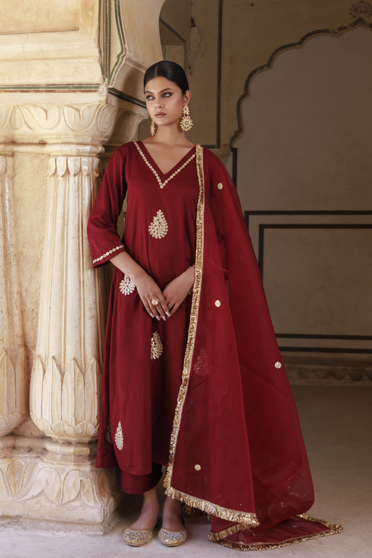 Maroon Cotton Silk Gota Patti Work Anarkali Set
