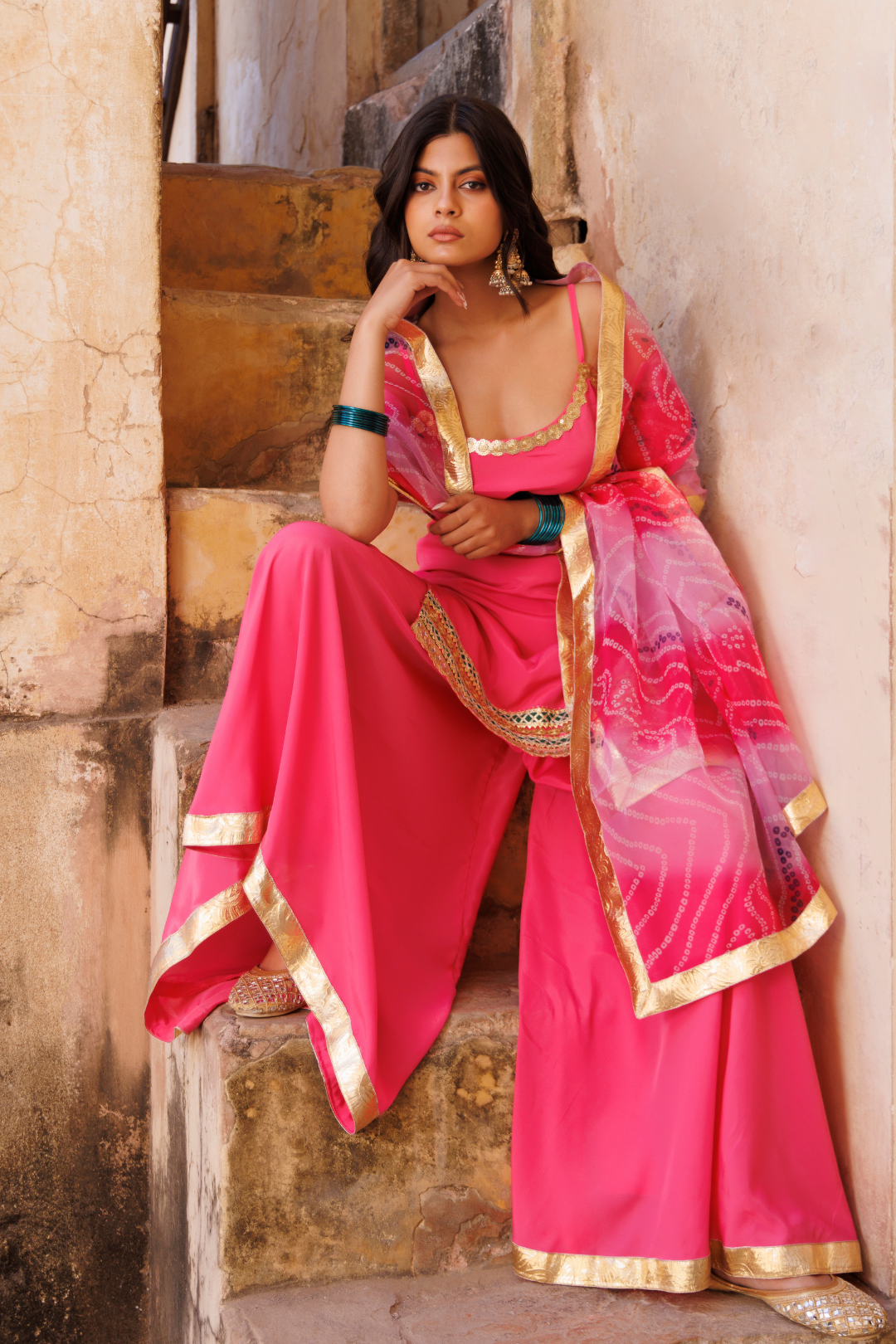 Pink Crepe Strappy Sharara Set