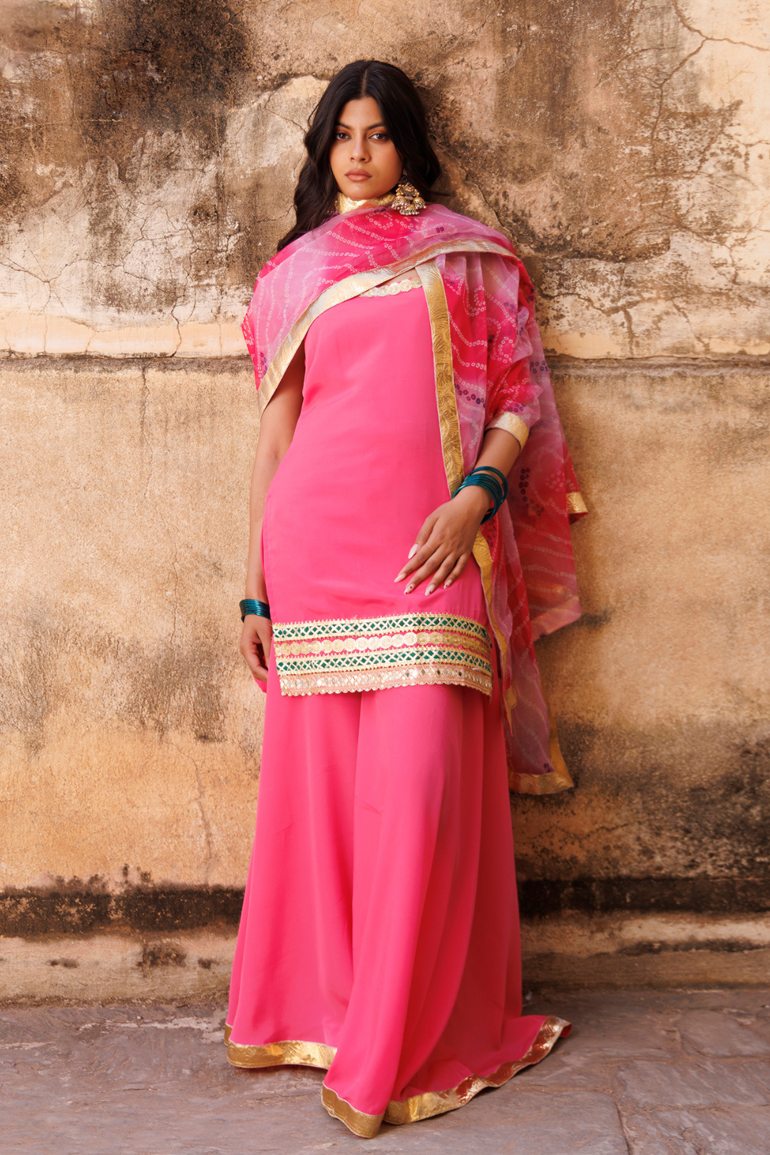 Pink Crepe Strappy Sharara Set