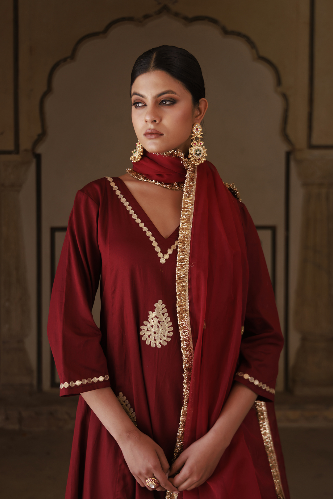 Maroon Cotton Silk Gota Patti Work Anarkali Set