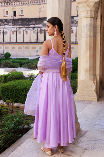 Lavender Aari Embroidered Strapy Cotton Silk Anarkali Set