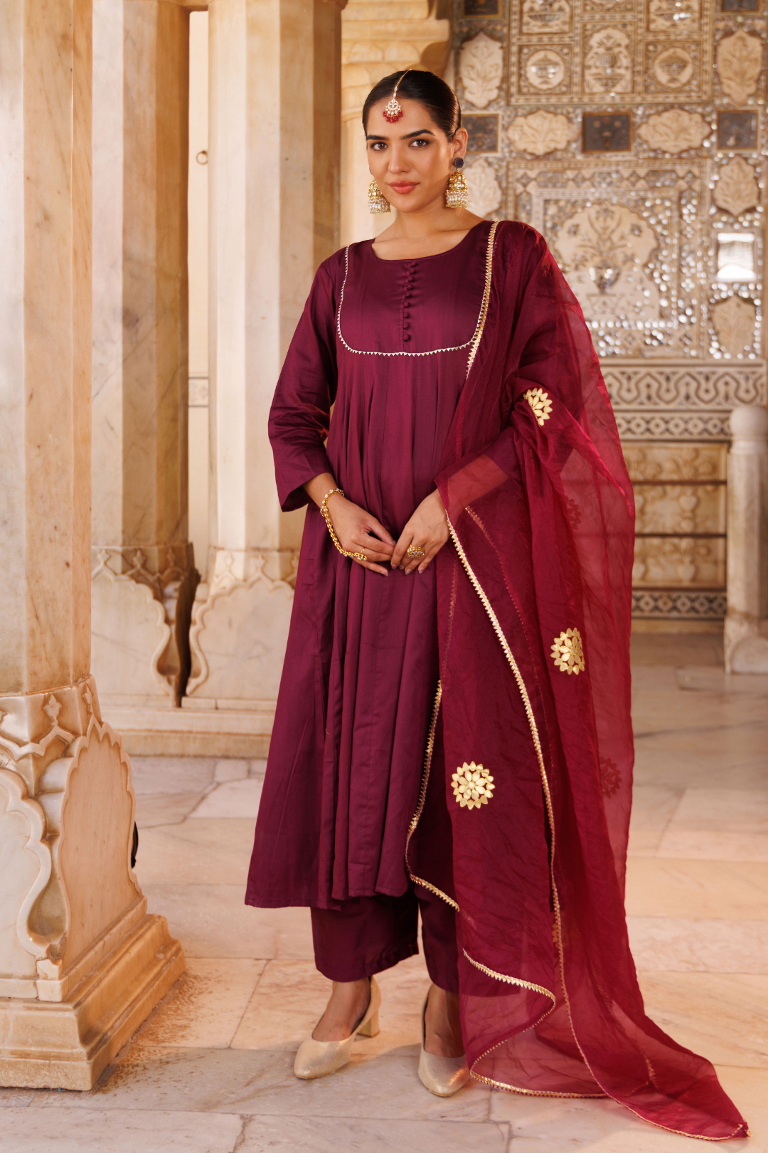 Purple cotton silk, gota patti work anarkali Set