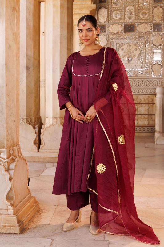 Purple cotton silk, gota patti work anarkali Set