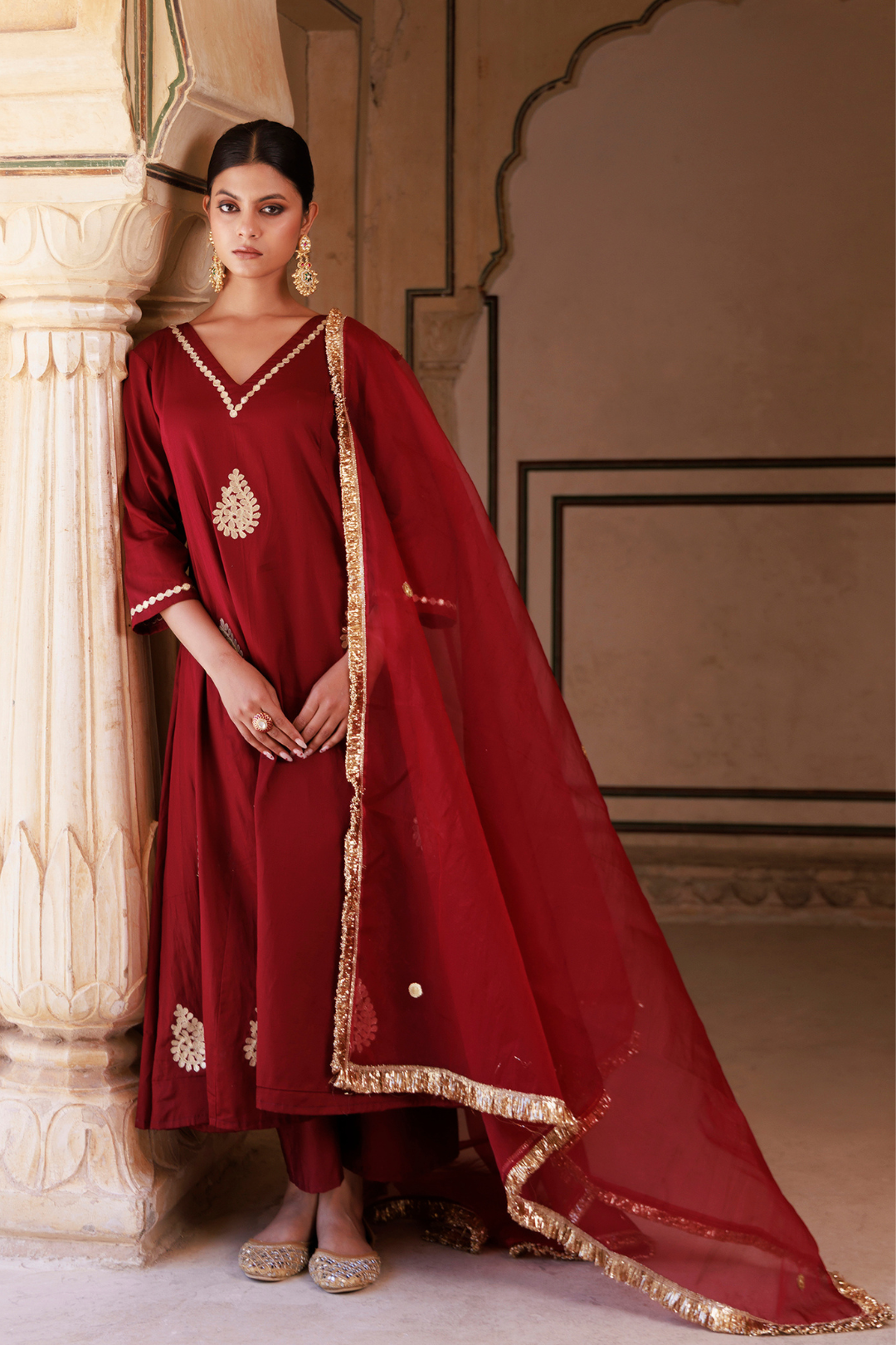 Maroon Cotton Silk Gota Patti Work Anarkali Set