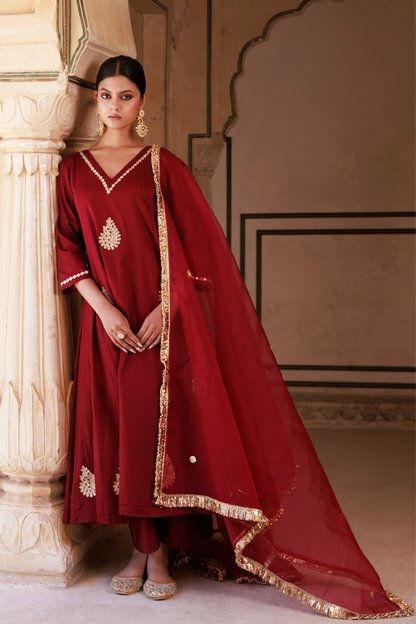 Maroon Cotton Silk Gota Patti Work Anarkali Set