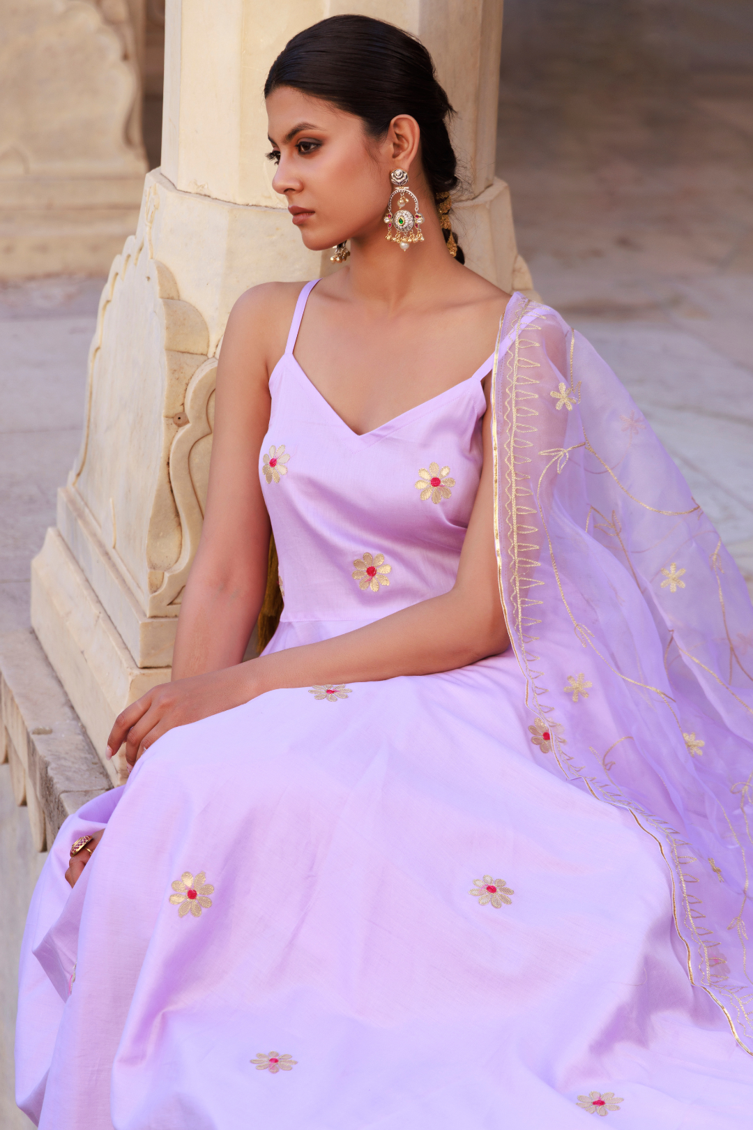 Lavender Aari Embroidered Strapy Cotton Silk Anarkali Set