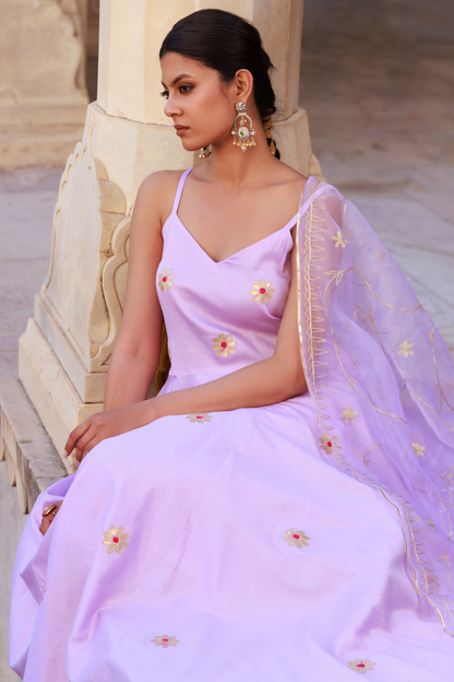 Lavender Aari Embroidered Strapy Cotton Silk Anarkali Set