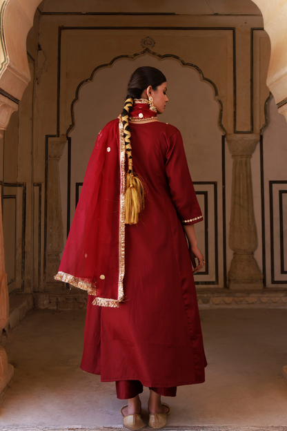 Maroon Cotton Silk Gota Patti Work Anarkali Set