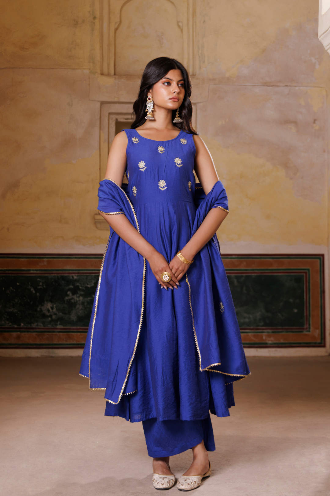 Blue Embroidered chanderi Anarkali Set